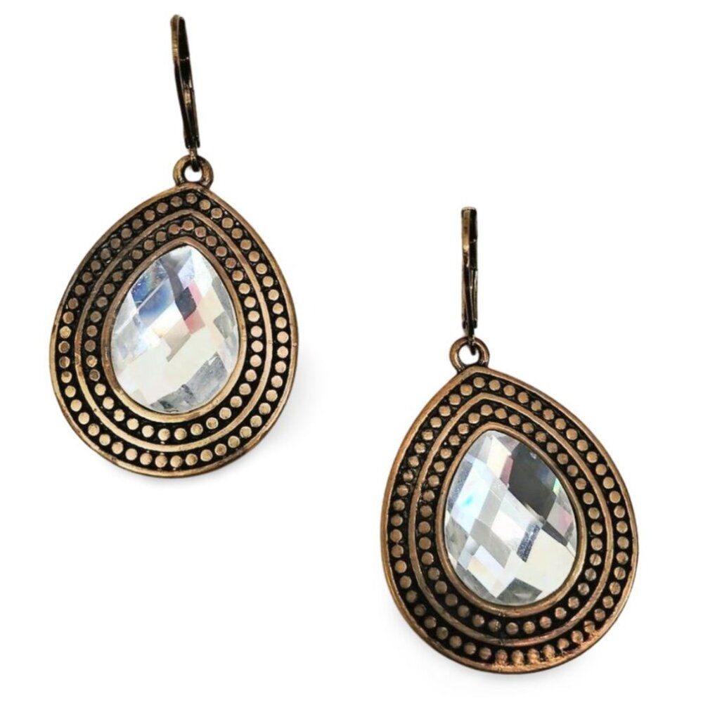 Earthy Chic Faceted Crystal Teardrop Dangle Oxidized Gold Drop Earrings JW1531